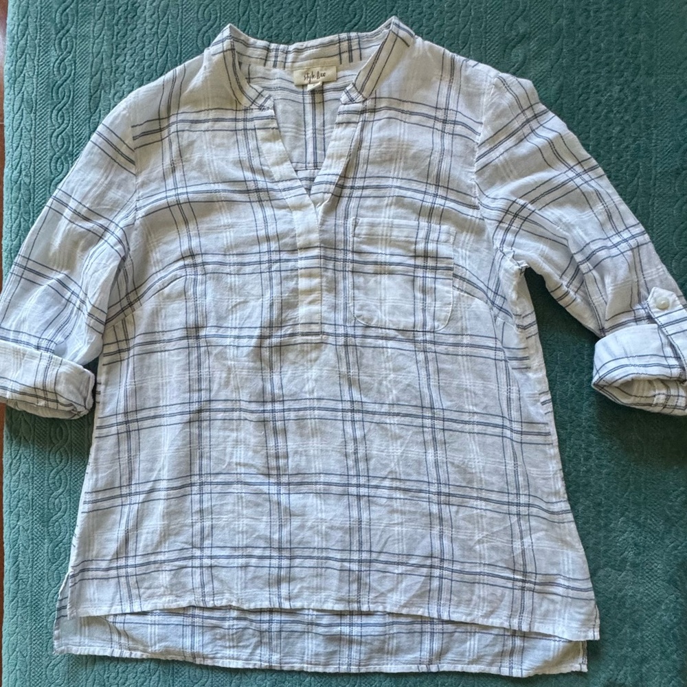 Style & Co Navy and White Plaid Blouse